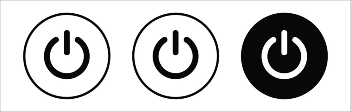 Power button icons featuring multiple styles for electronic devices, software interfaces, system controls, and modern technology, vector, designs