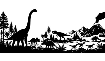 Naklejka premium Ancient Jurassic silhouette vector panorama with dinosaurs prehistoric forest trees and volcanic mountains isolated on white background