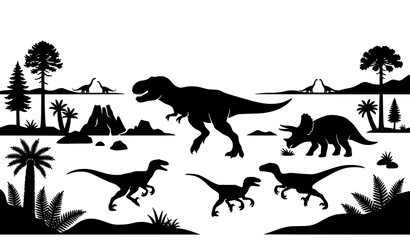 Naklejka premium Jurassic dinosaur silhouette landscape vector with Tyrannosaurus Triceratops raptors prehistoric forest panorama isolated on white background