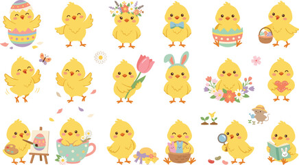 Fototapeta premium Cute Easter Chick Vector Character Set with Holiday Eggs Flowers and Bunny Ears for Spring Season Greeting Cards Stickers and Graphic Designs