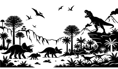 Naklejka premium Prehistoric dinosaur silhouette banner vector featuring Jurassic wildlife ancient trees and volcanic landscape isolated on white background