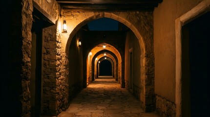 Fototapeta premium Empty Illuminated Archways Leading into Darkness Within Historical Riyadh Palace or Fortress in Dramatic Low Light