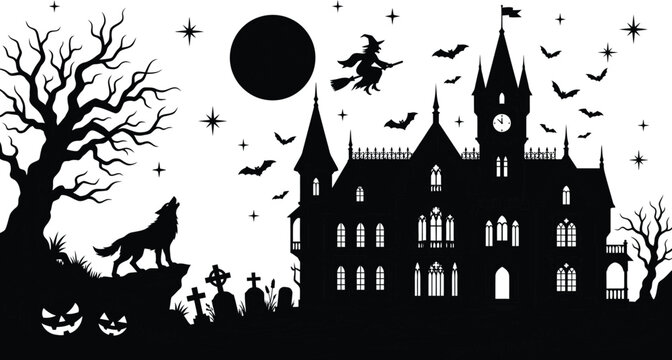 Helloween spooky scene haunted castle werewolf witch and jack o' lanterns for halloween decorations