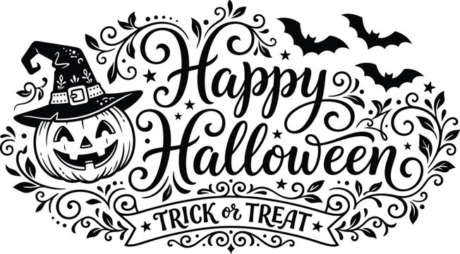 Happy helloween vintage halloween pumpkin witch hat and bat calligraphy design for festive celebrations