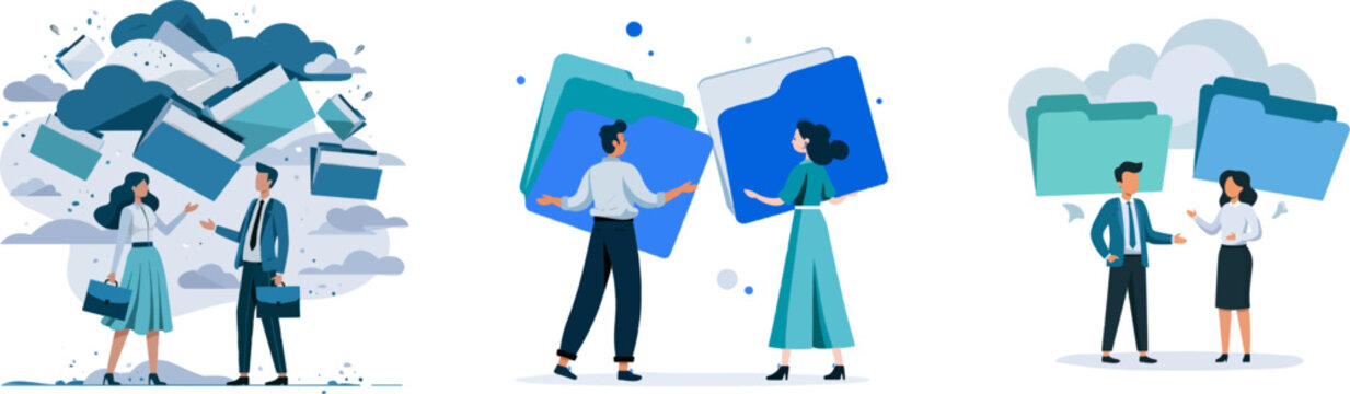 In a vibrant corporate setting, two professionals engage with giant floating digital folders in a minimalist, flat design featuring solid colors and clean composition, symbolizing seamless cloud