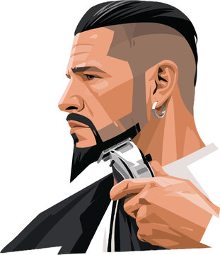 A meticulously groomed man receives a precise pointy goatee trim using a small electric razor in a minimalist vector art illustration