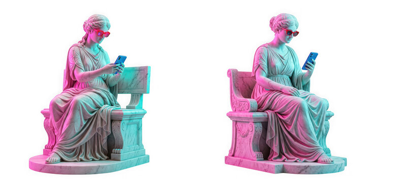Two classical marble statues of women wearing sunglasses and using smartphones isolated on transparent background