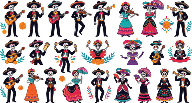 Day of the Dead Mariachi Skeleton Character Vector Set with Mexican Catrina Musicians Playing Instruments for Dia de los Muertos Festival Graphic Designs