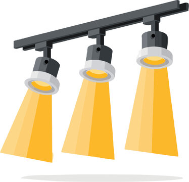 A modern industrial ceiling track spotlight rail projects geometric light beam cones downwards in a flat 2D design with minimalist geometric shapes, solid colors, matte black rail structure, warm