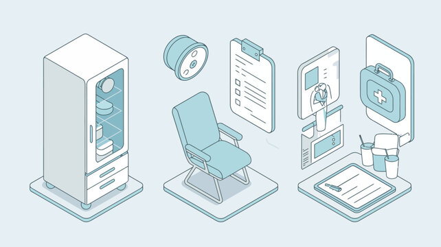 Medical equipment set featuring an isometric examination chair, a supply cabinet, and patient documentation documents to illustrate a clinical setting.
