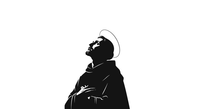 A high contrast silhouette of a saintly figure looking upwards with a halo.