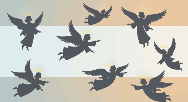 A collection of dark silhouettes of flying angels in various poses.