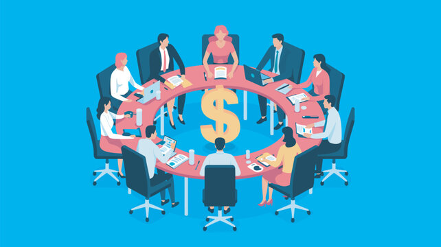 Business team members sit around a circular conference table to discuss financial growth and corporate strategy.
