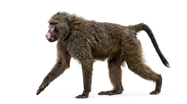 Side view of adult baboon monkey walking isolated on white
