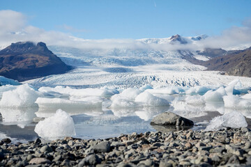 Volcanic rock shore with melting icebergs and glacier Face at glacial lagoon, Jökulsárlón, Iceland © Valentina