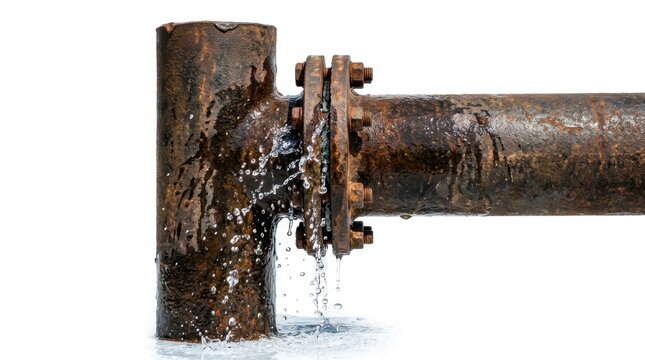 Leaking rusty industrial iron water pipe flange connection