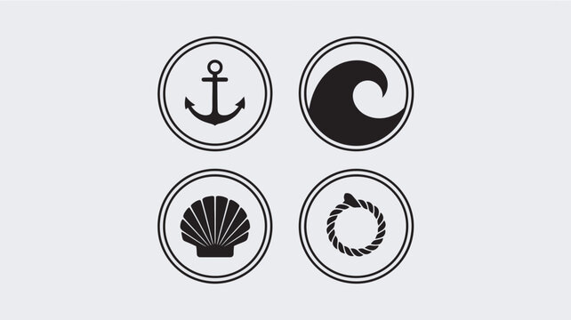 Nautical icons including an anchor, ocean wave, seashell, and rope are arranged in four circles.