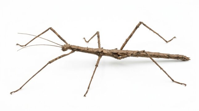 Brown walking stick insect isolated on white background