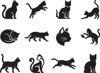 Fototapeta premium Black cat silhouettes, feline icons, cat shapes, vector illustrations, animal designs