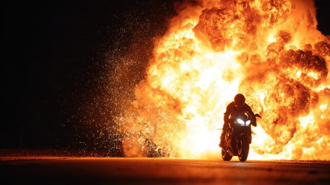 motorcycle rider speeding away from massive fireball explosion, action movie scene, dramatic night atmosphere, cinematic lighting, intense motion