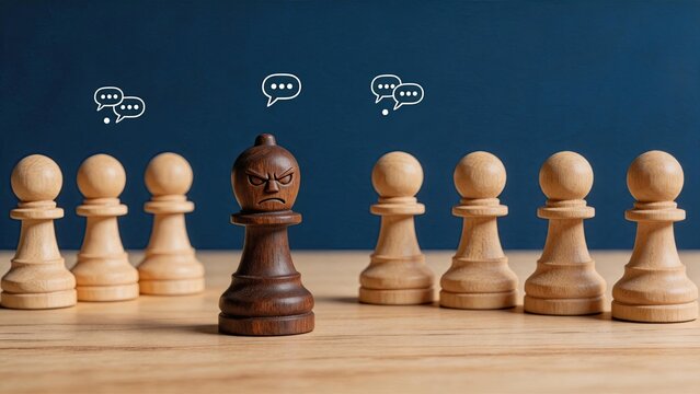 Angry dark wooden chess pawn isolated among light pawns, concept of bullying, exclusion, conflict, leadership challenge or standing out from the crowd