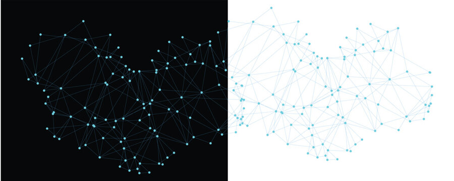 Abstract technology network background with split black and white contrast, digital plexus connection of nodes and lines