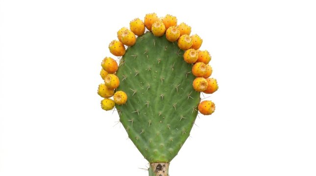 Green prickly pear cactus pad with yellow fruit isolated