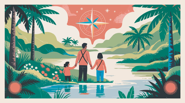 Family stands together in a lush tropical landscape while looking toward a glowing compass symbol in the sky.