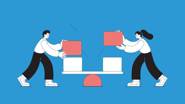 Colleagues balance project tasks on a scale to illustrate teamwork and effective time management.
