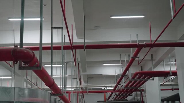 Red fire sprinkler pipes on ceiling of industrial building