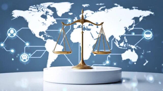 Gold Scales of Justice on a Pedestal Before a Global Digital Network Map Representing International Law and Universal Legal Systems
