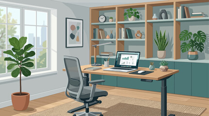 Fototapeta premium A modern home office with a desk, chair, laptop, and plants on a wooden floor, near a window with a city view.