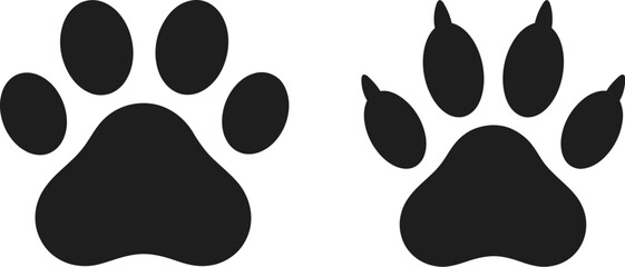 Fototapeta premium Black silhouette of cat and dog paw prints on white background for pet or animal design