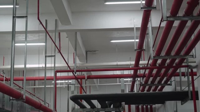 Red fire sprinkler pipes on ceiling of industrial building