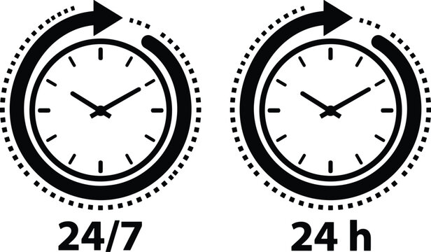 24 7 and 24 hour clock icons for business hours and customer support signage