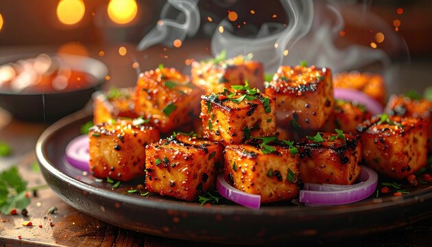 Delicious Tandoori Paneer Tikka Skewers with Fresh Herbs and Onions.