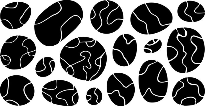 Abstract organic pebble graphics set featuring decorative camouflage prints and minimalist stone animal skin patterns in black vector silhouette background styles.
