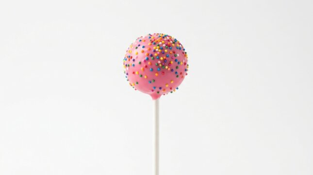 Sweet pink frosted cake pop with sprinkles isolated on white