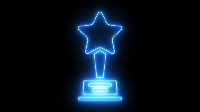 Glowing neon star trophy animation on black background, light