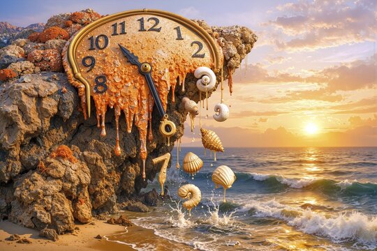 A melting clock drapes over a rocky seaside cliff as golden time drips like liquid into the waves below. Seashells and fragments fall with it, blending ocean rhythm with surreal decay, while the sunset casts a warm glow over this dreamlike moment of time dissolving. AI generated