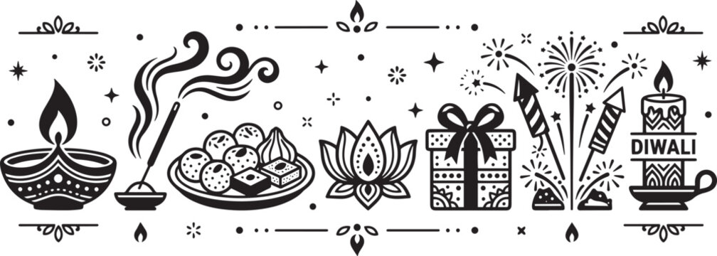 Diwali celebration elements lamp sweets lotus gifts fireworks black and white vector