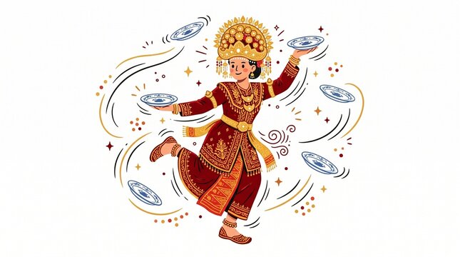 Beautiful Woman Performing Tari Piring Plate Dance, Indonesian Cultural Heritage Illustration, Minangkabau West Sumatra Culture
