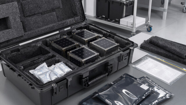 Equipment for satellite deployment is organized in a case on a table at a facility where space technology is developed and tested during a work week