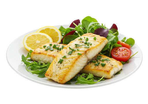 Two perfectly grilled cod fillets with fresh herbs, lemon, and cherry tomatoes on a bed of arugula, presented on a white plate against a transparent studio background with copy space, concept of