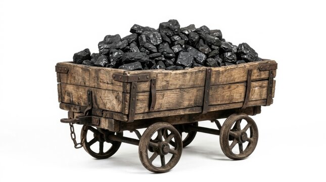 Vintage rustic wooden cart filled with black coal isolated