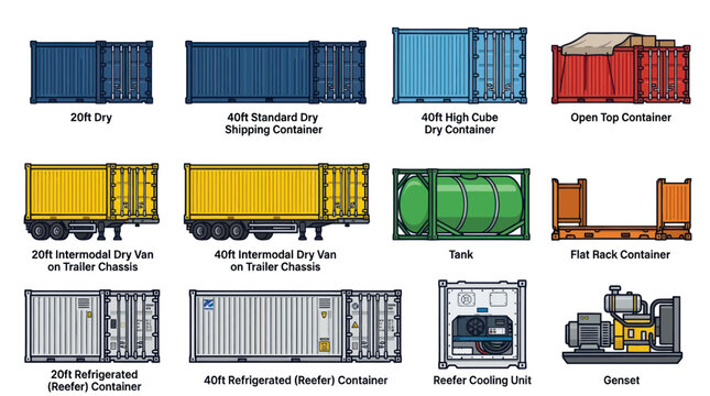 Diverse shipping container types and logistics equipment labeled set.