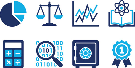 Fototapeta premium Data Analysis and Science Icons Set Featuring Charts, Mathematics, Binary Code, Finance, Knowledge and Achievement Symbols