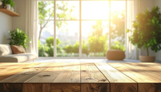 Sunlit Living Room with Wooden Table and Lush Greenery View.