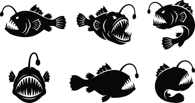 Anglerfish Silhouette Collection Set with Deep Sea Predator Fish in Aggressive Poses