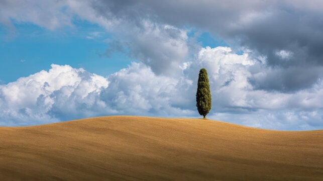 Single majestic cypress tree standing atop a smooth Tuscan hill, dramatic clouds, minimalist landscape composition, timeless Italian countryside